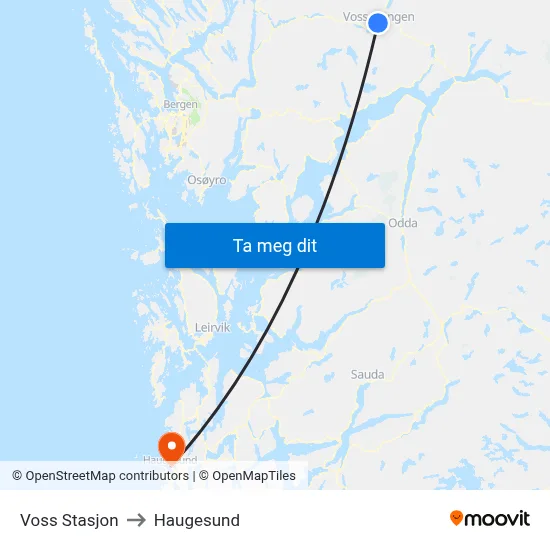 Voss Stasjon to Haugesund map