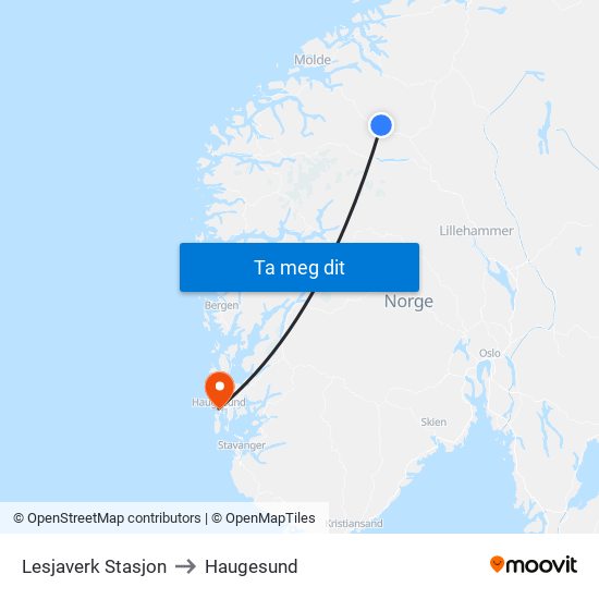 Lesjaverk Stasjon to Haugesund map