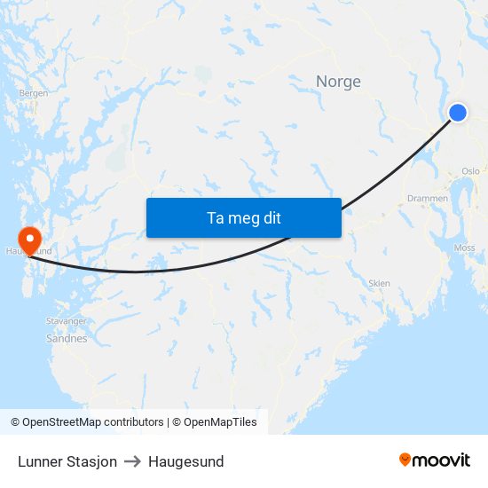 Lunner Stasjon to Haugesund map