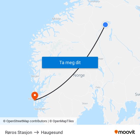 Røros Stasjon to Haugesund map