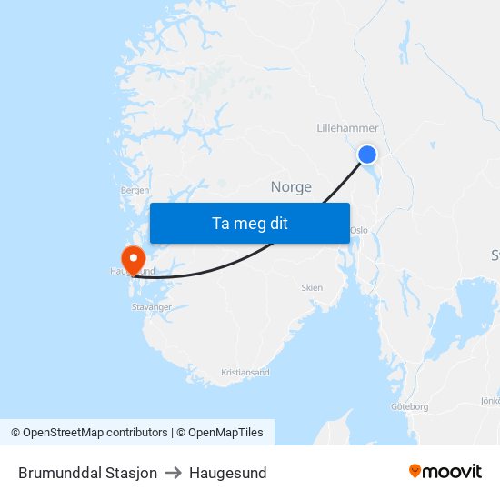 Brumunddal Stasjon to Haugesund map