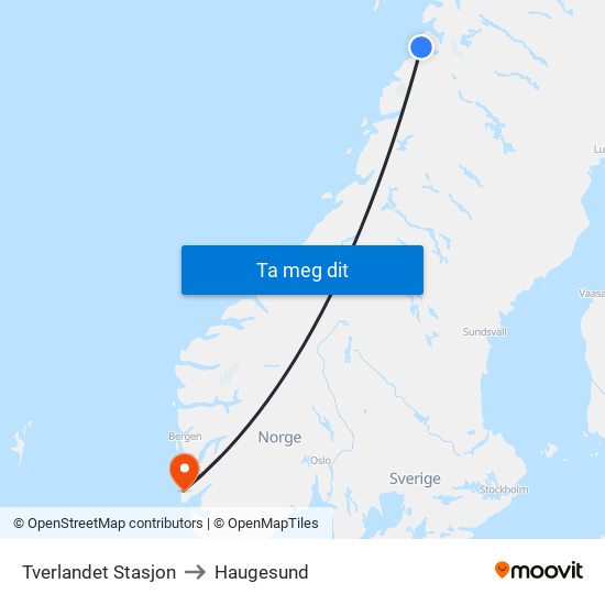 Tverlandet Stasjon to Haugesund map