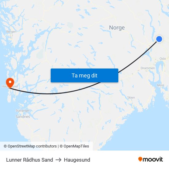 Lunner Rådhus Sand to Haugesund map