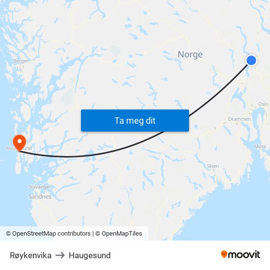 Røykenvika to Haugesund map