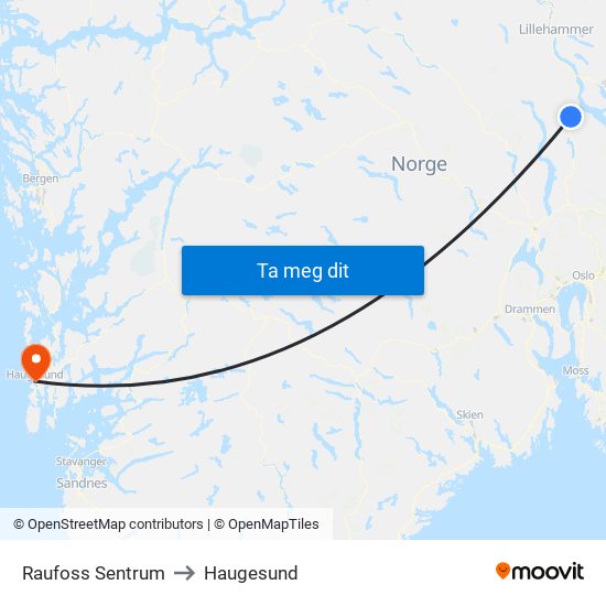 Raufoss Sentrum to Haugesund map