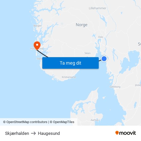 Skjærhalden to Haugesund map