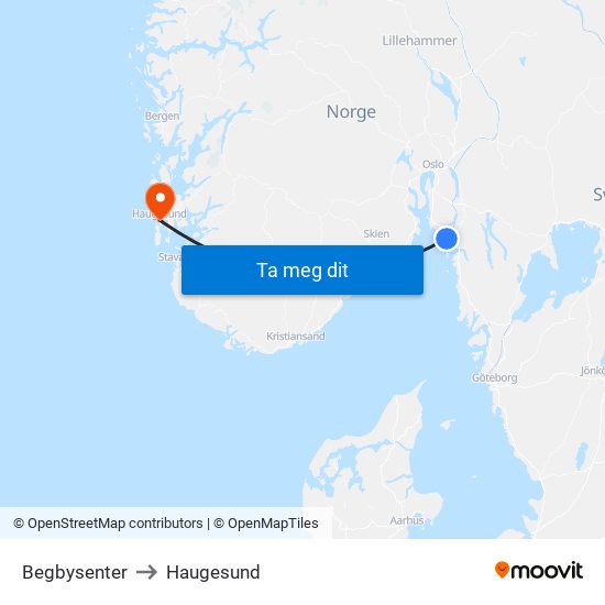 Begbysenter to Haugesund map