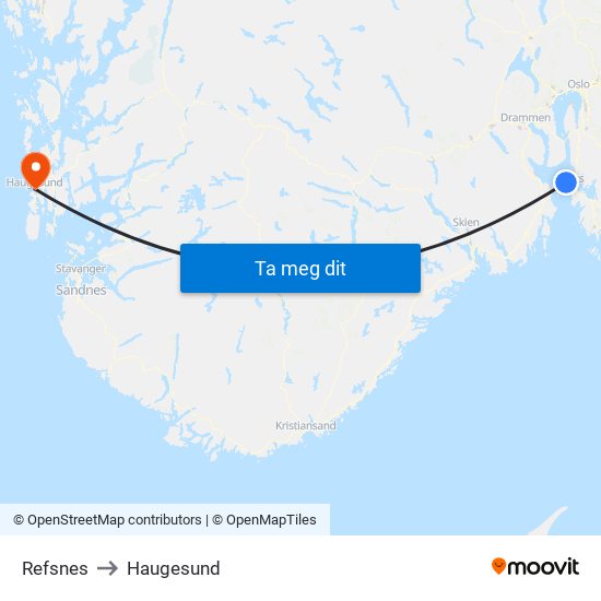 Refsnes to Haugesund map