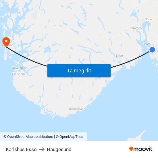Karlshus Esso to Haugesund map