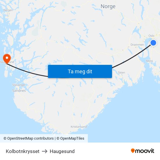 Kolbotnkrysset to Haugesund map