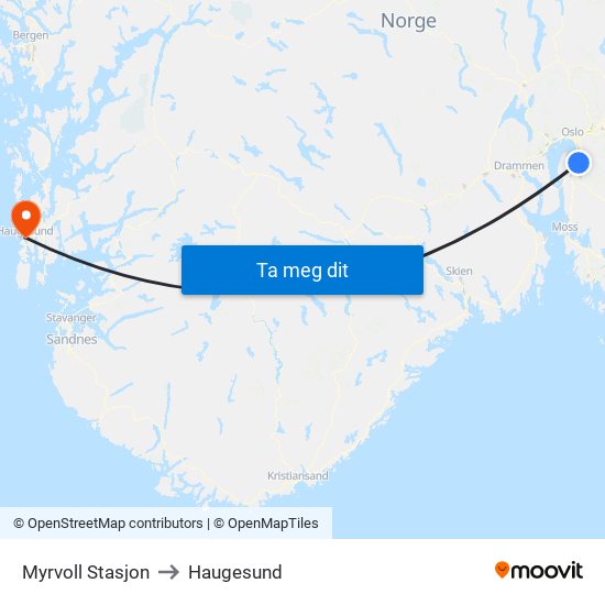 Myrvoll Stasjon to Haugesund map