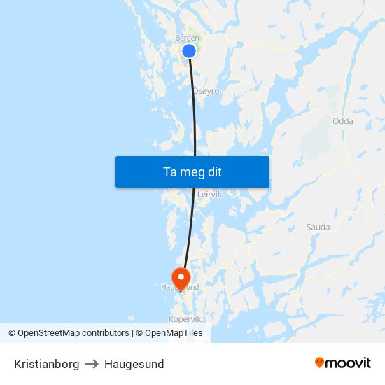 Kristianborg to Haugesund map