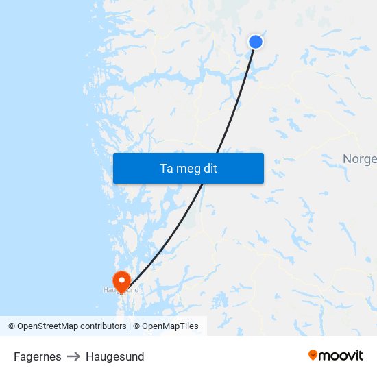 Fagernes to Haugesund map