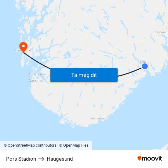 Pors Stadion to Haugesund map