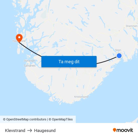 Klevstrand to Haugesund map
