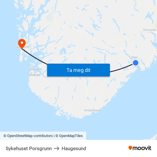 Sykehuset Porsgrunn to Haugesund map