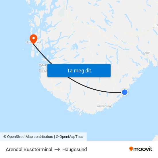 Arendal Bussterminal to Haugesund map