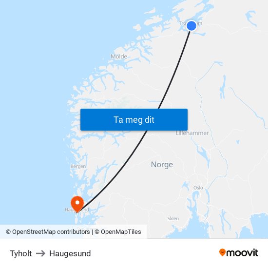 Tyholt to Haugesund map