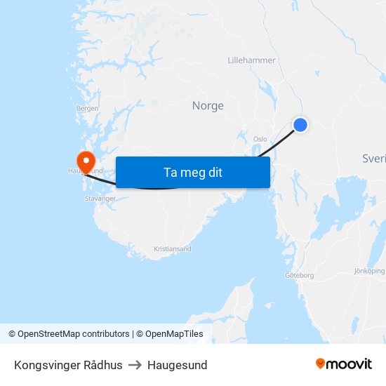 Kongsvinger Rådhus to Haugesund map