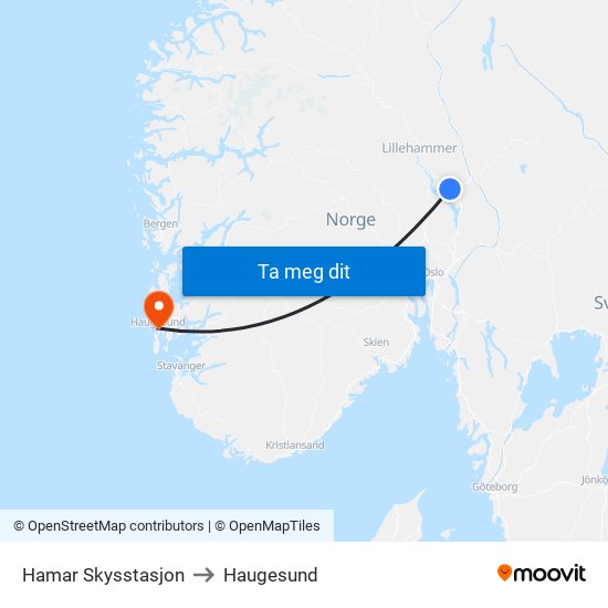 Hamar Skysstasjon to Haugesund map