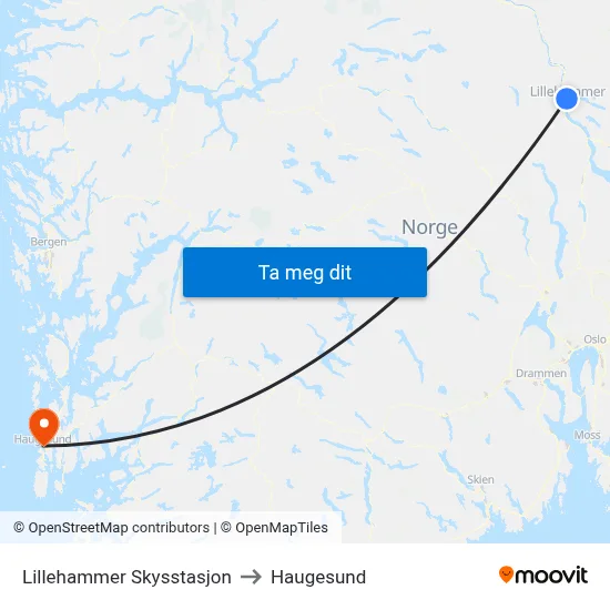 Lillehammer Skysstasjon to Haugesund map