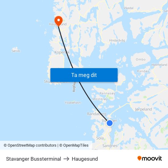 Stavanger Bussterminal to Haugesund map