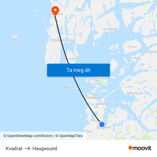 Kvadrat to Haugesund map