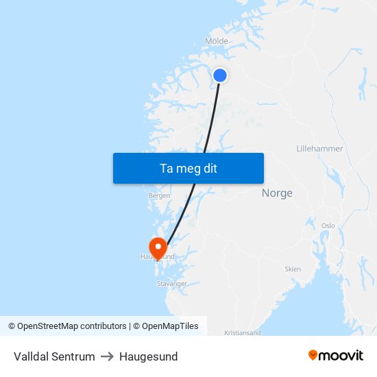 Valldal Sentrum to Haugesund map