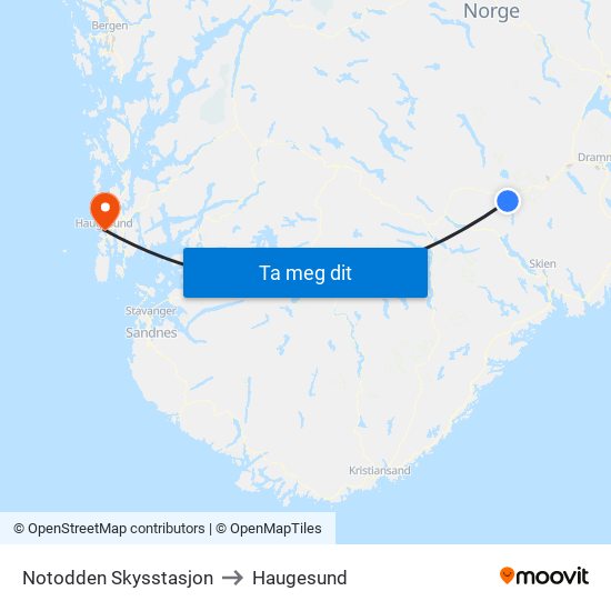 Notodden Skysstasjon to Haugesund map