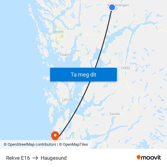 Rekve E16 to Haugesund map