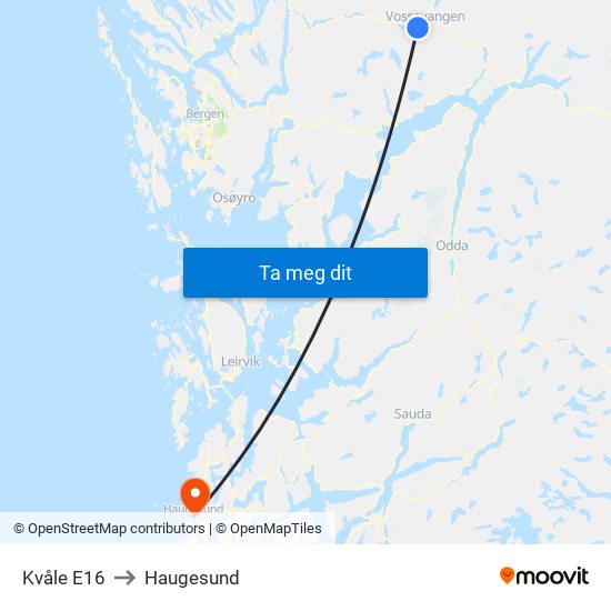 Kvåle E16 to Haugesund map