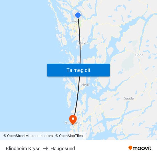 Blindheim Kryss to Haugesund map