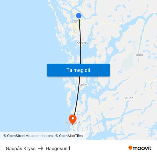 Gaupås Kryss to Haugesund map