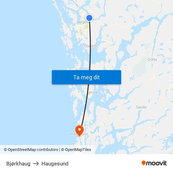 Bjørkhaug to Haugesund map
