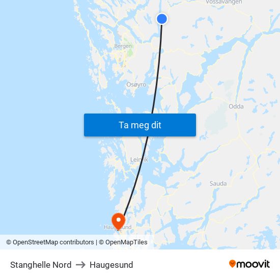 Stanghelle Nord to Haugesund map