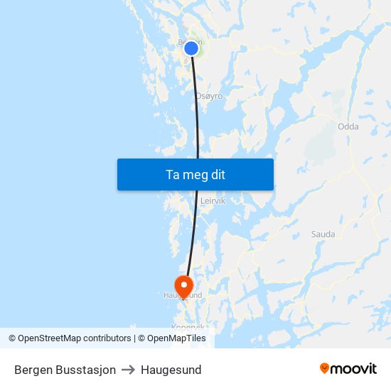 Bergen Busstasjon to Haugesund map