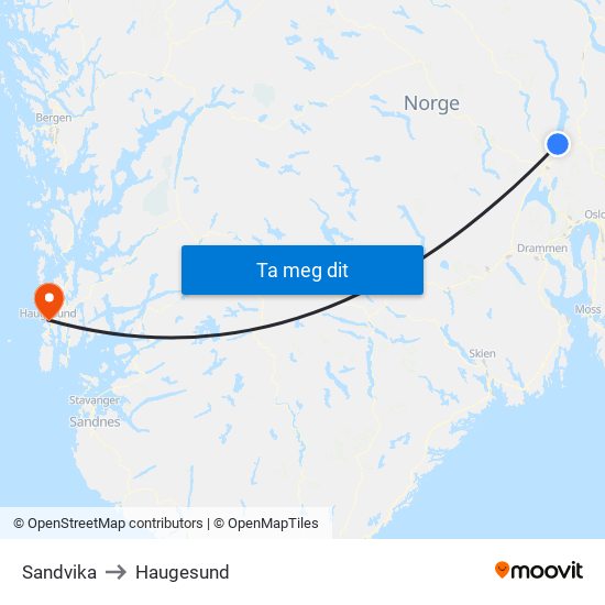 Sandvika to Haugesund map