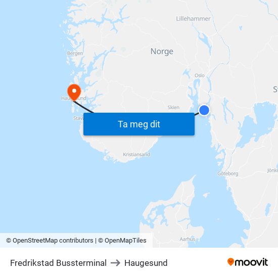 Fredrikstad Bussterminal to Haugesund map
