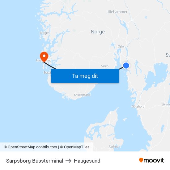 Sarpsborg Bussterminal to Haugesund map