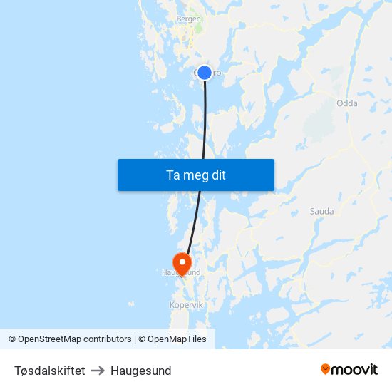 Tøsdalskiftet to Haugesund map