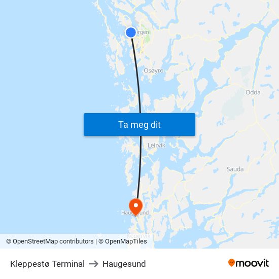 Kleppestø Terminal to Haugesund map