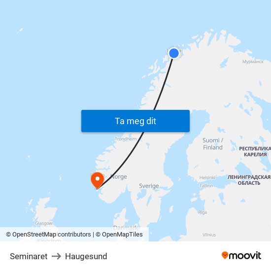 Seminaret to Haugesund map
