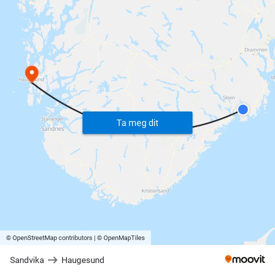 Sandvika to Haugesund map