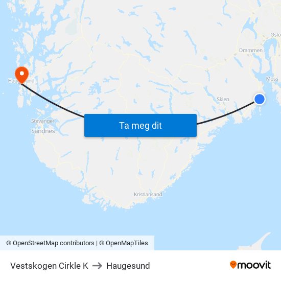 Vestskogen Cirkle K to Haugesund map