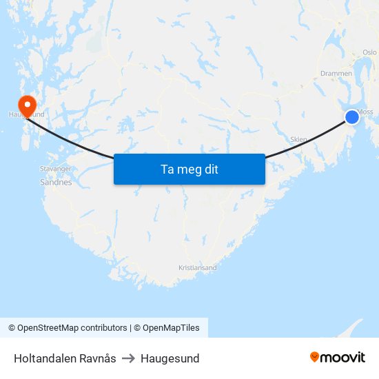 Holtandalen Ravnås to Haugesund map