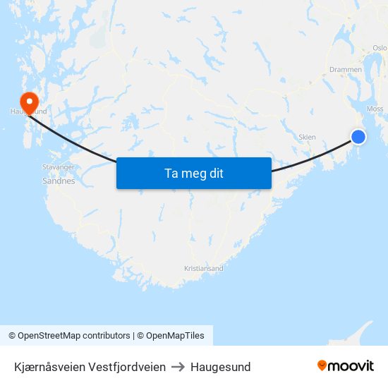 Kjærnåsveien Vestfjordveien to Haugesund map