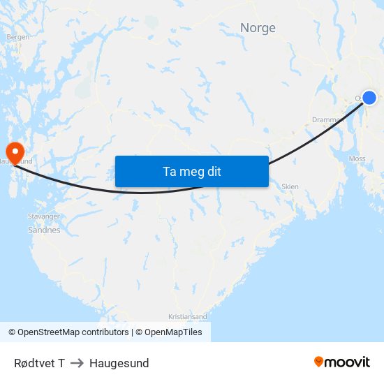 Rødtvet T to Haugesund map