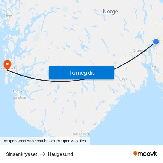 Sinsenkrysset to Haugesund map