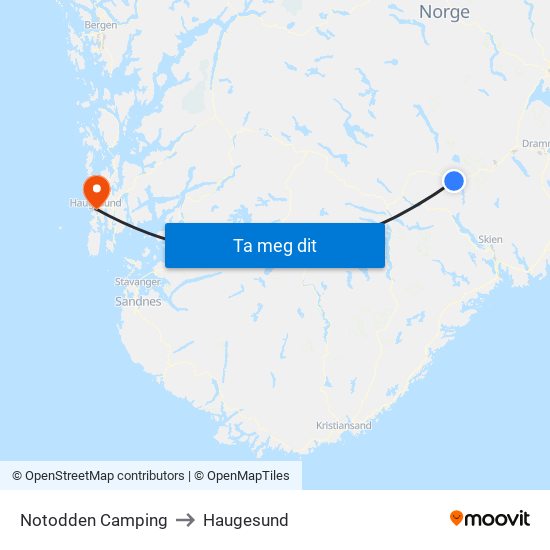 Notodden Camping to Haugesund map