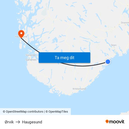 Ørvik to Haugesund map